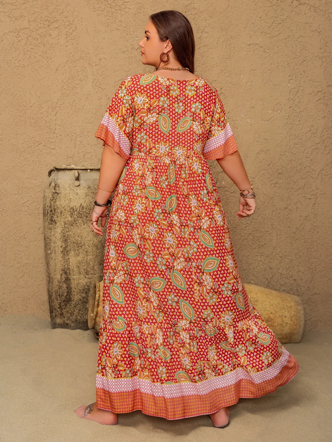 Hazel Blues® | Printed Tie Neck Flutter Sleeve Maxi Dress