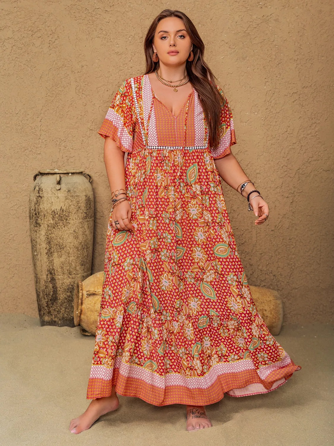 Hazel Blues® | Printed Tie Neck Flutter Sleeve Maxi Dress