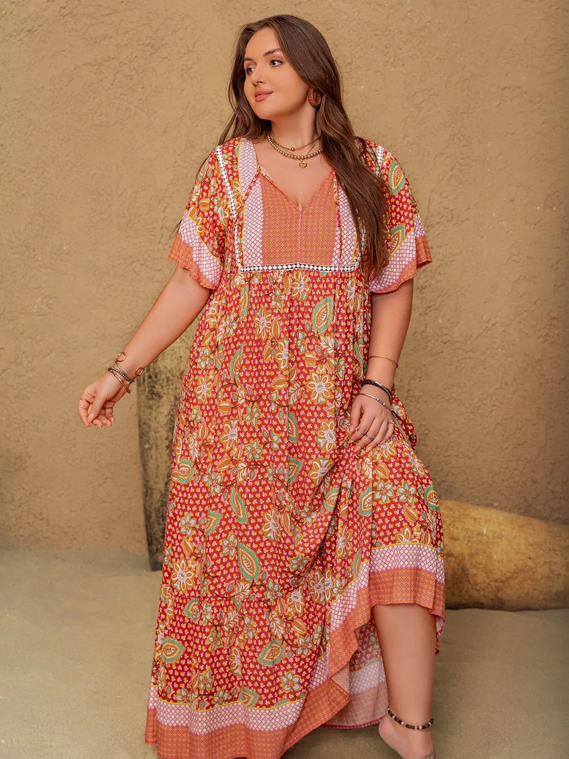 Hazel Blues® | Printed Tie Neck Flutter Sleeve Maxi Dress