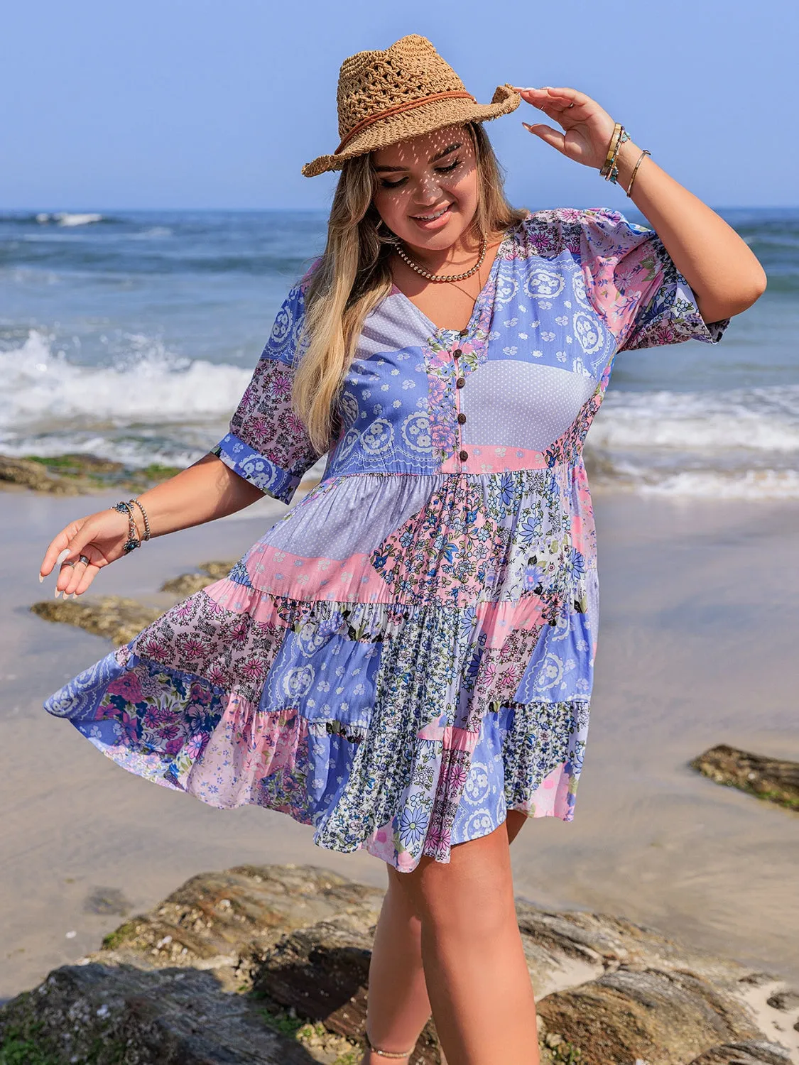 Hazel Blues® | Printed V-Neck Tiered Mini Dress