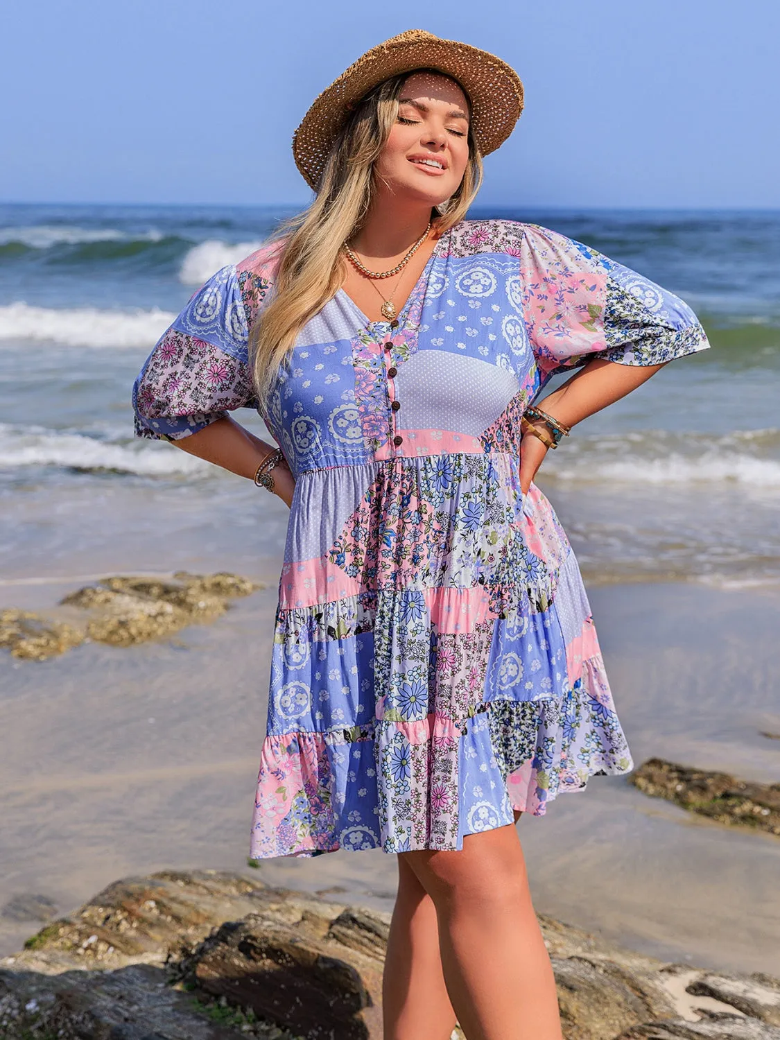 Hazel Blues® | Printed V-Neck Tiered Mini Dress