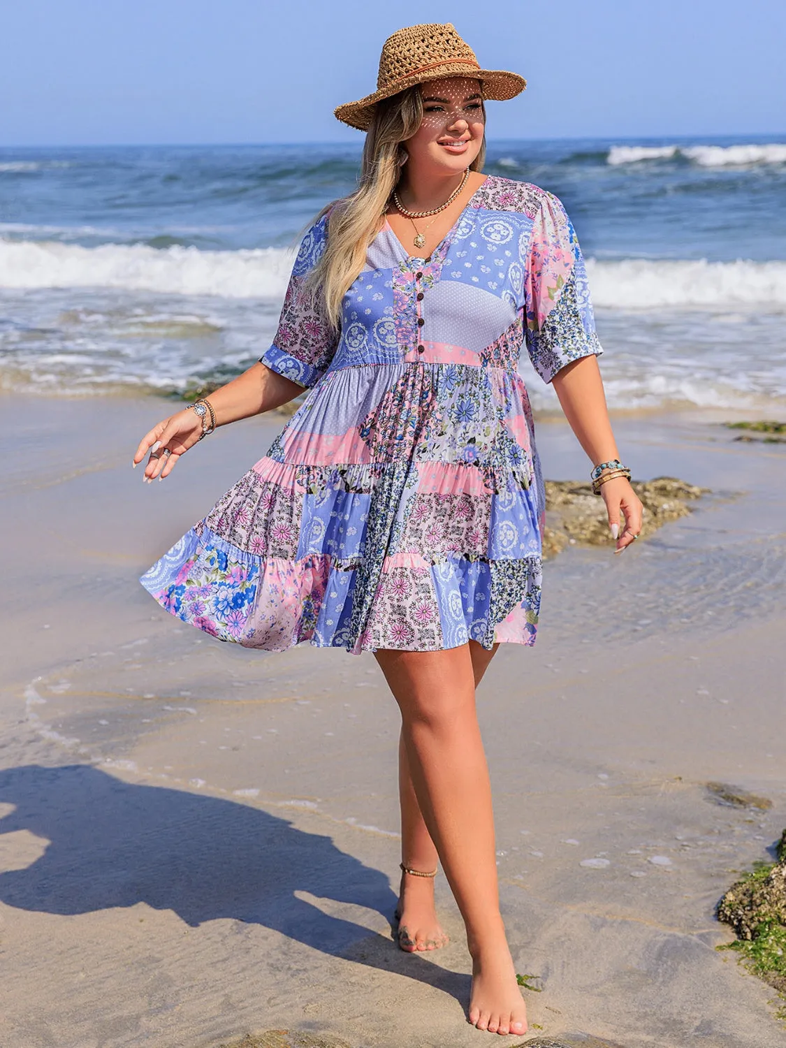 Hazel Blues® | Printed V-Neck Tiered Mini Dress