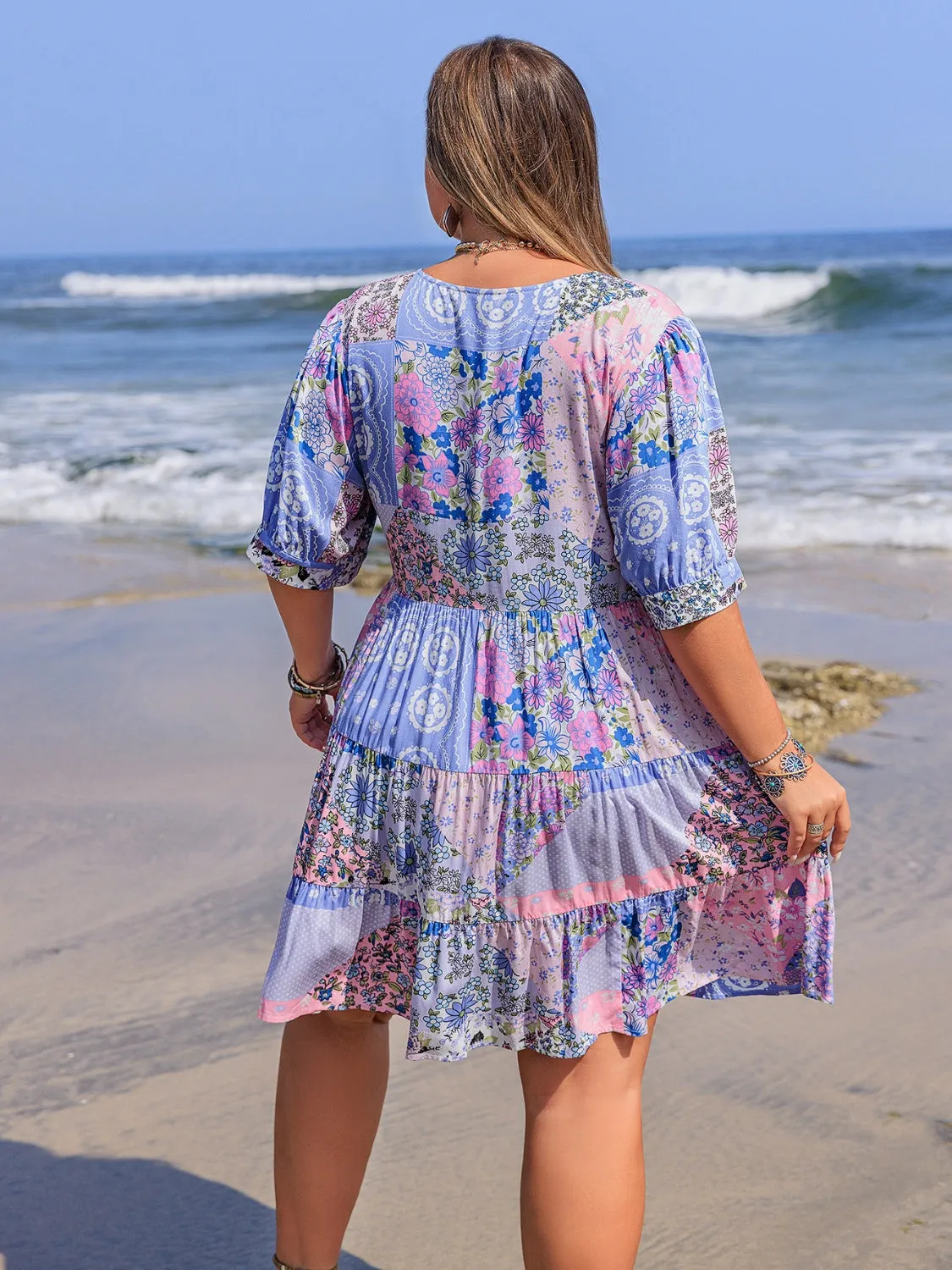 Hazel Blues® | Printed V-Neck Tiered Mini Dress