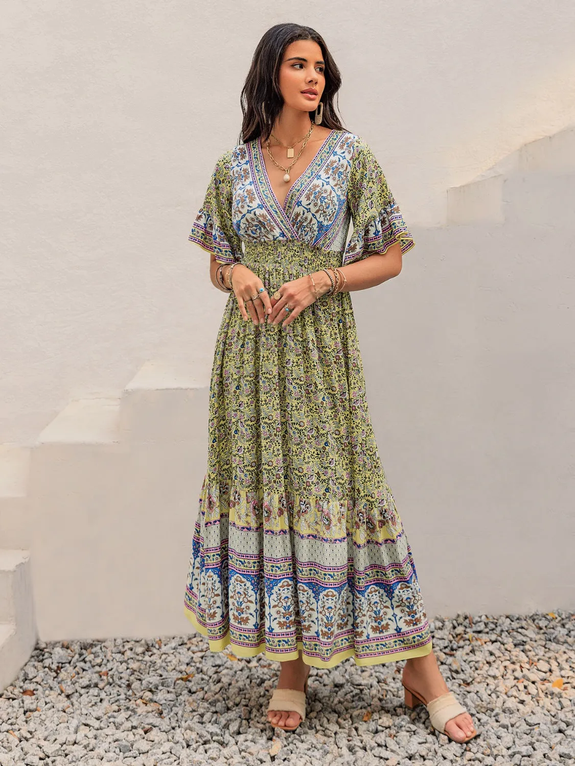 Hazel Blues® |  Ruched Printed Flounce Sleeve Maxi Dress