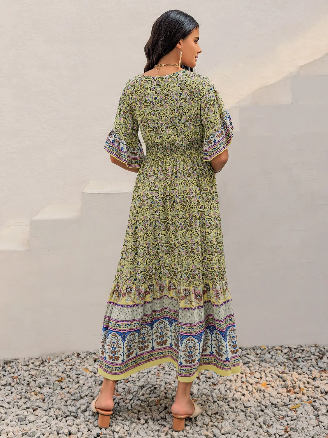Hazel Blues® |  Ruched Printed Flounce Sleeve Maxi Dress