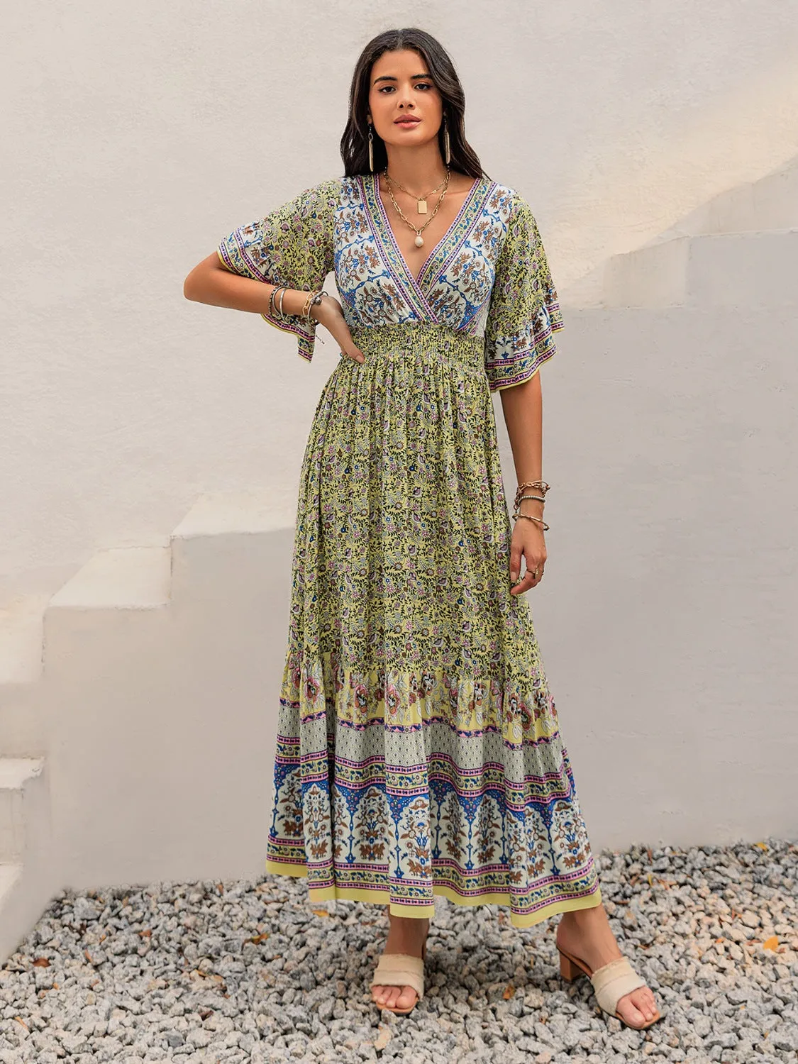 Hazel Blues® |  Ruched Printed Flounce Sleeve Maxi Dress
