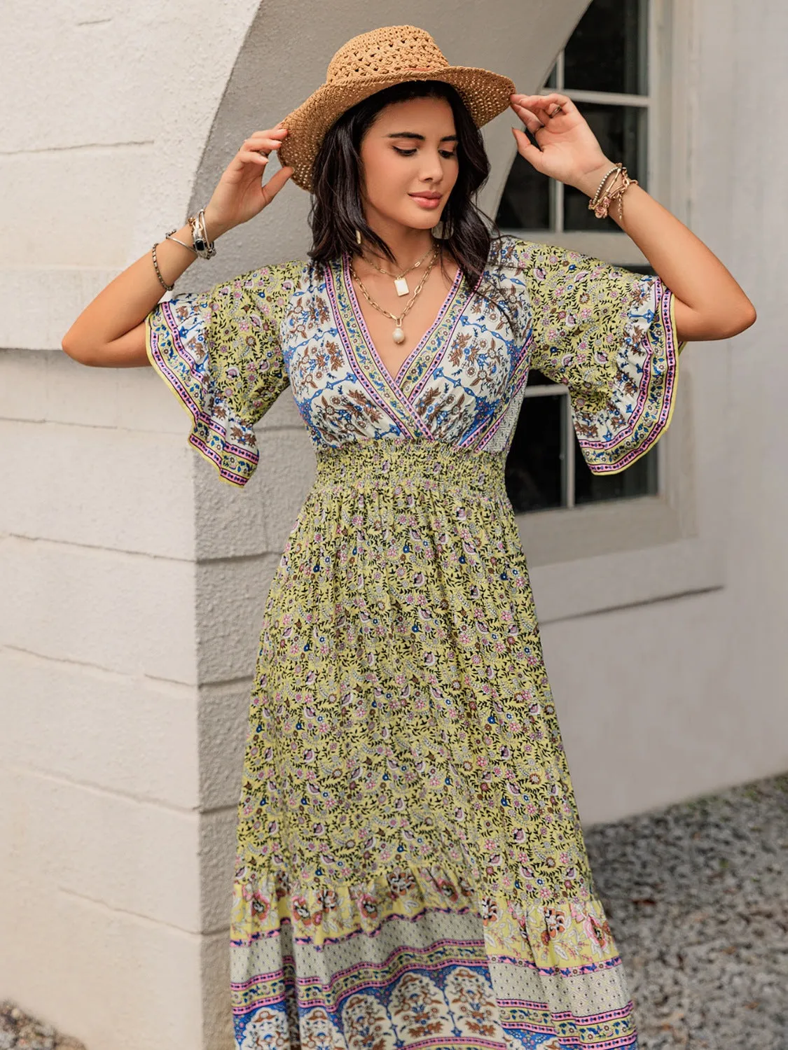 Hazel Blues® |  Ruched Printed Flounce Sleeve Maxi Dress