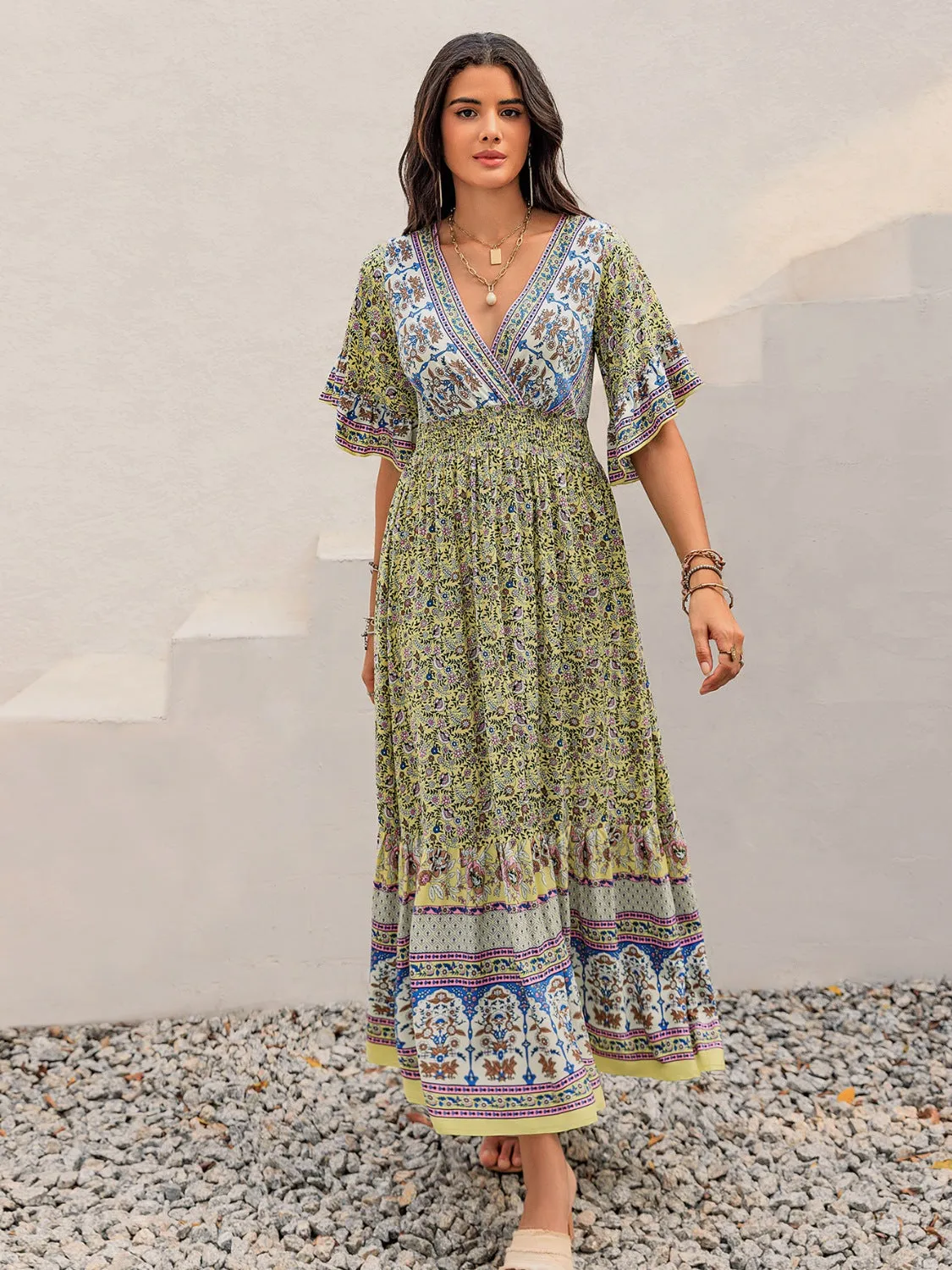 Hazel Blues® |  Ruched Printed Flounce Sleeve Maxi Dress