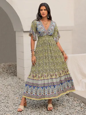 Hazel Blues® |  Ruched Printed Flounce Sleeve Maxi Dress