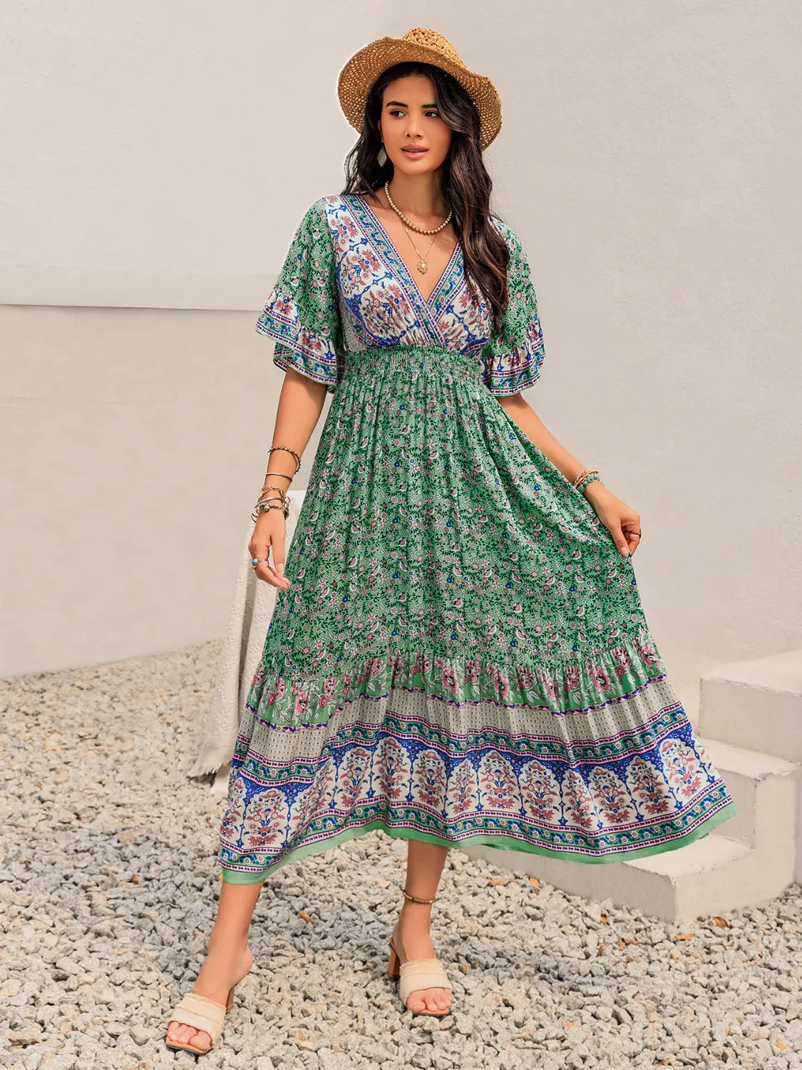 Hazel Blues® |  Ruched Printed Flounce Sleeve Midi Dress
