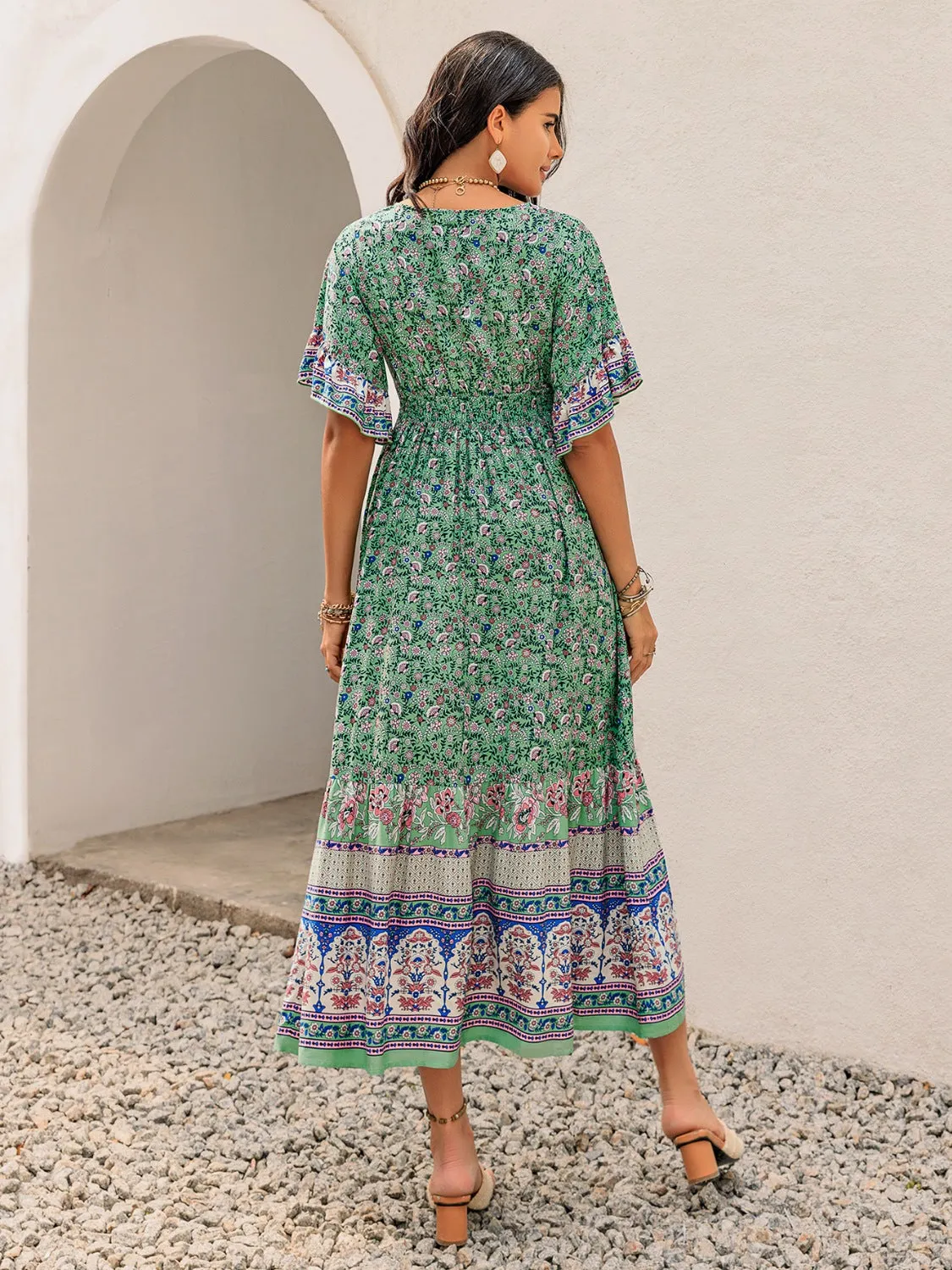 Hazel Blues® |  Ruched Printed Flounce Sleeve Midi Dress