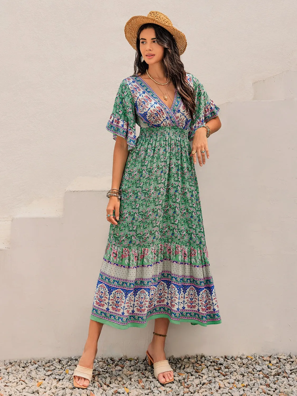 Hazel Blues® |  Ruched Printed Flounce Sleeve Midi Dress