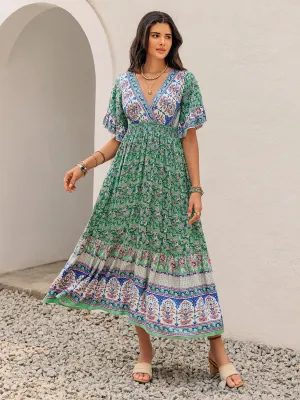 Hazel Blues® |  Ruched Printed Flounce Sleeve Midi Dress