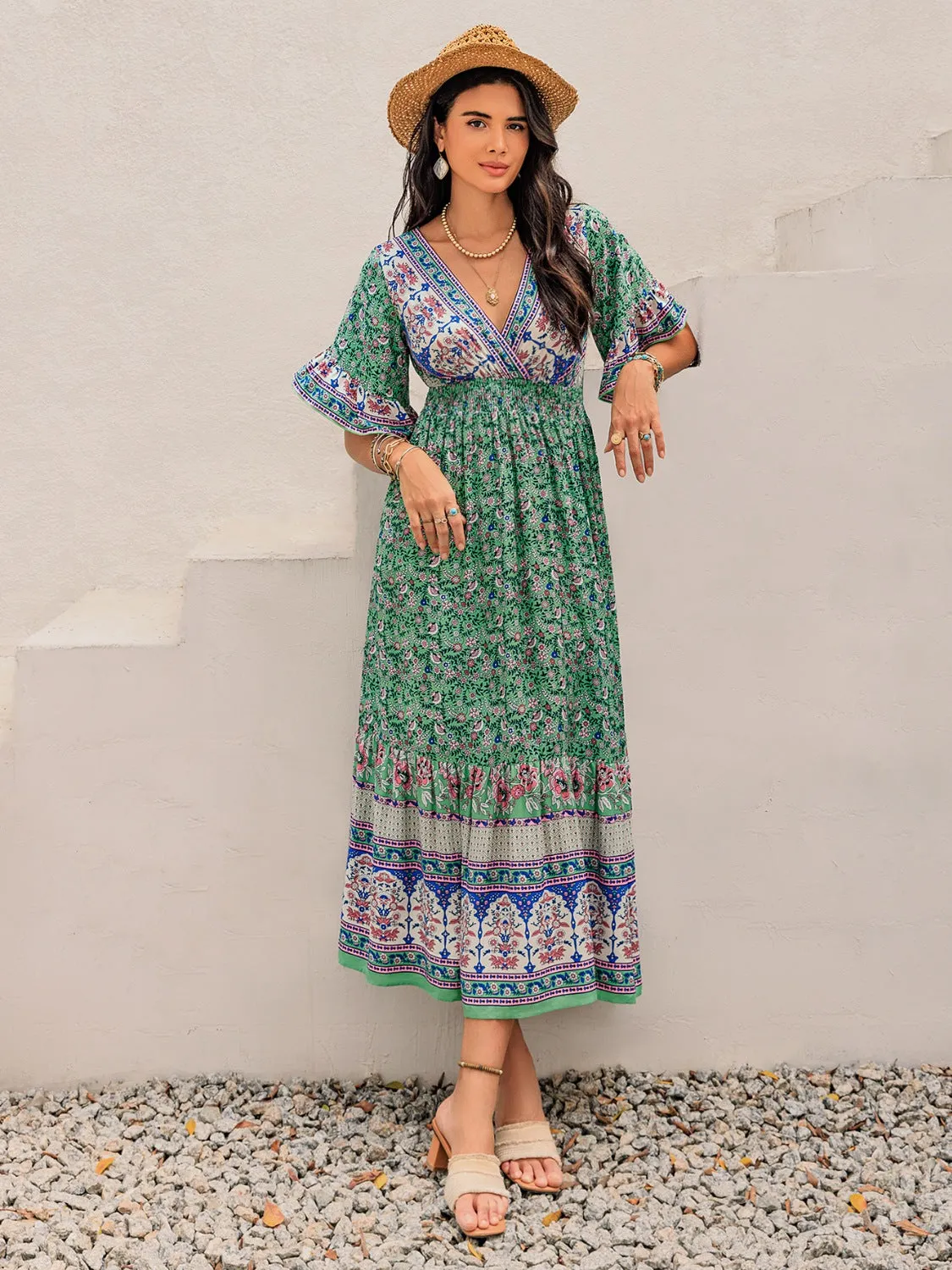 Hazel Blues® |  Ruched Printed Flounce Sleeve Midi Dress