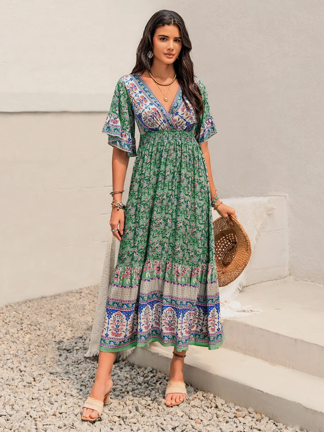 Hazel Blues® |  Ruched Printed Flounce Sleeve Midi Dress