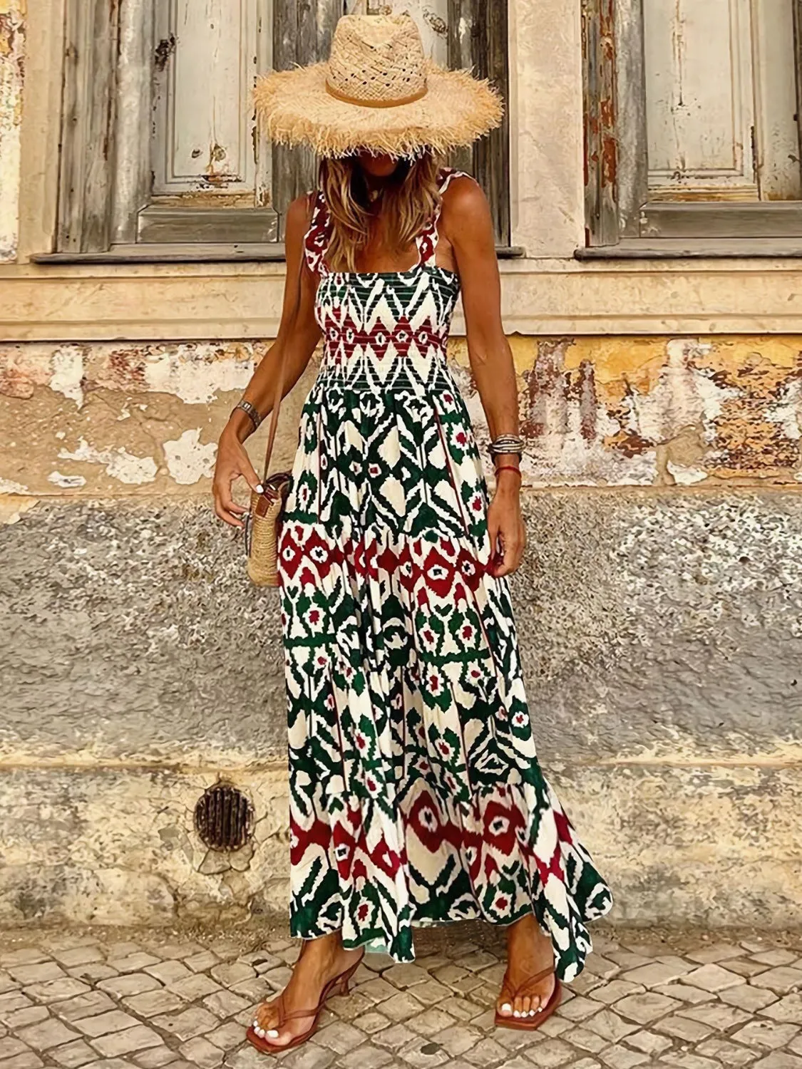 Hazel Blues® |  Smocked Printed Square Neck Sleeveless Dress