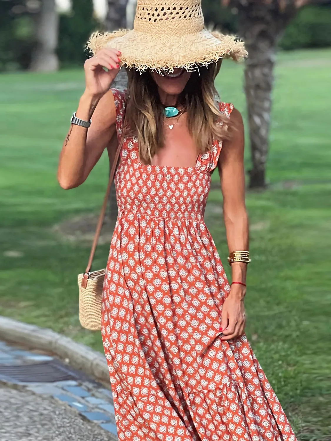 Hazel Blues® |  Smocked Printed Square Neck Sleeveless Dress