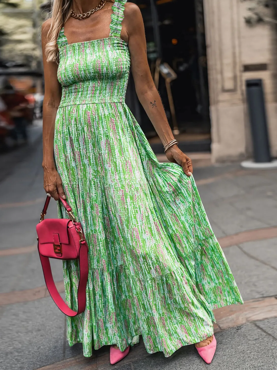 Hazel Blues® |  Smocked Printed Square Neck Sleeveless Dress
