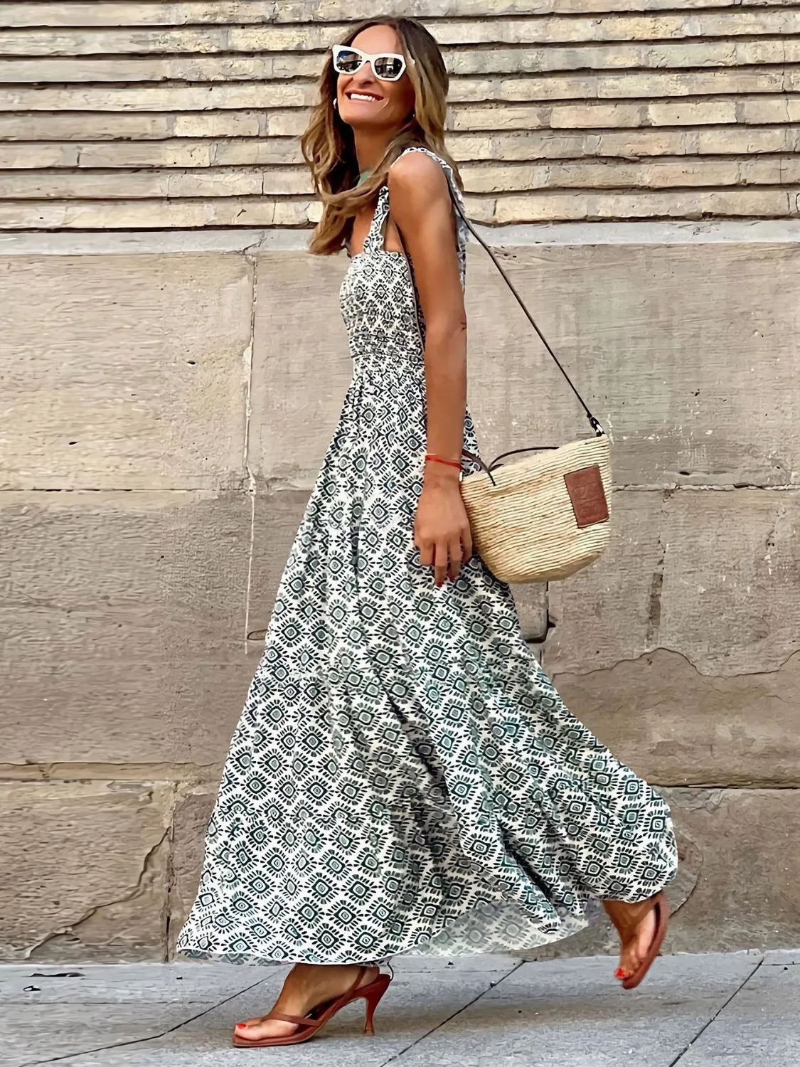 Hazel Blues® |  Smocked Printed Square Neck Sleeveless Dress