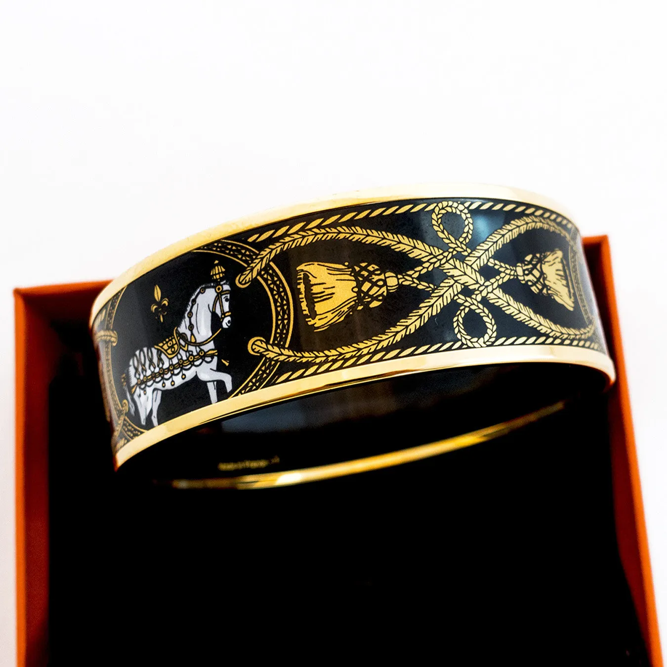 Hermes Gold Plated Printed Horse Enamel Bracelet Bangle 70
