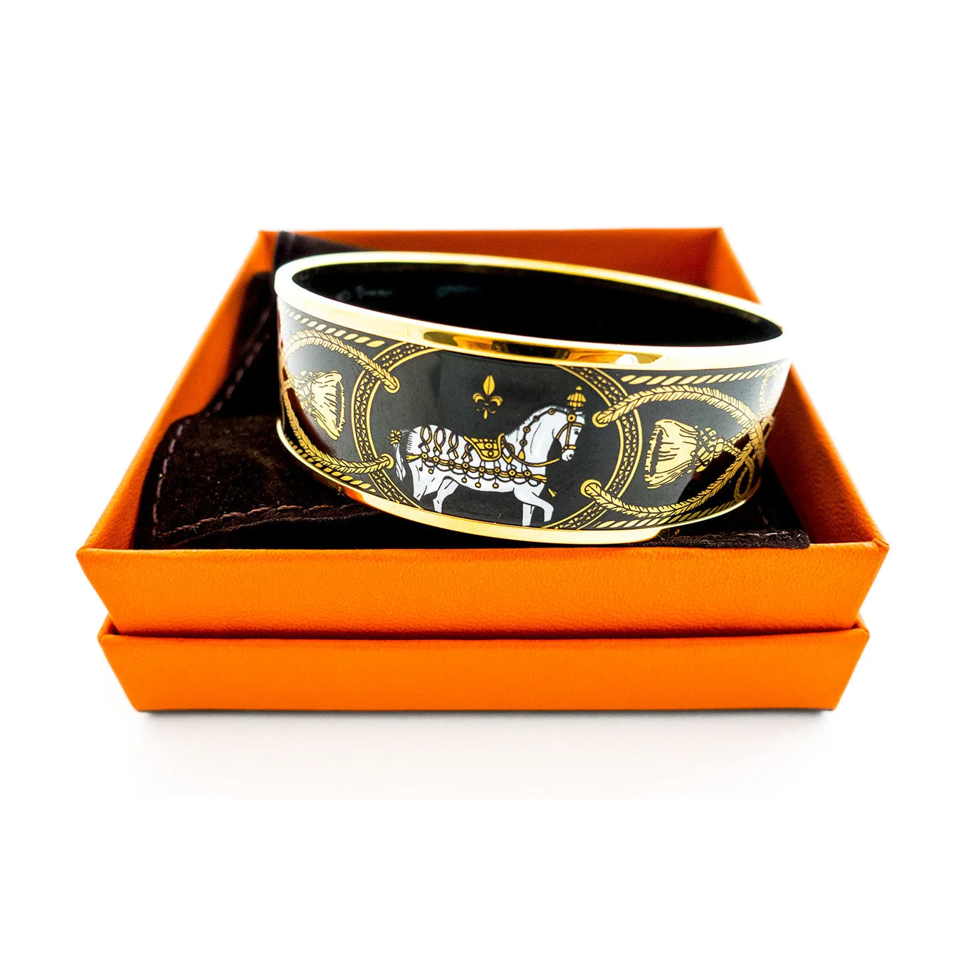 Hermes Gold Plated Printed Horse Enamel Bracelet Bangle 70