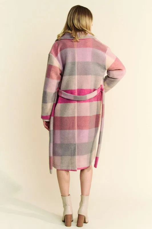 Hot Pink Tied Color Block Collared Neck Coat