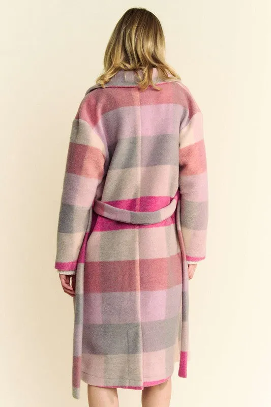 Hot Pink Tied Color Block Collared Neck Coat
