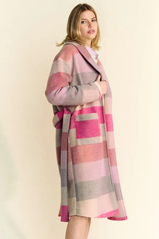 Hot Pink Tied Color Block Collared Neck Coat