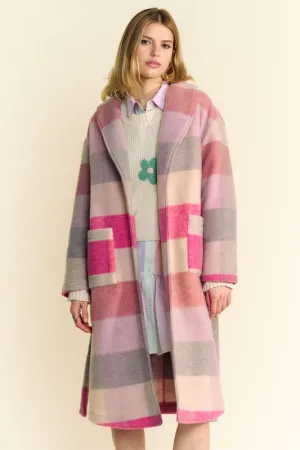 Hot Pink Tied Color Block Collared Neck Coat