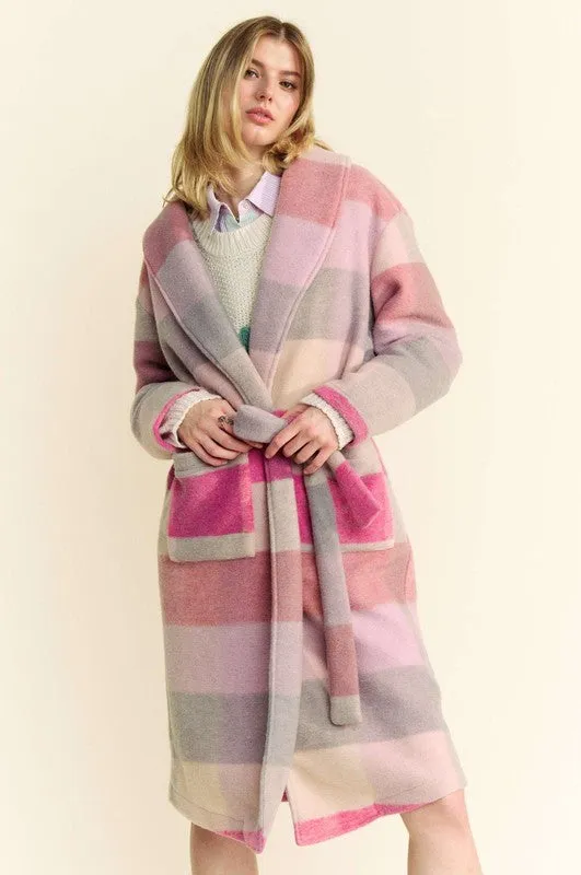 Hot Pink Tied Color Block Collared Neck Coat