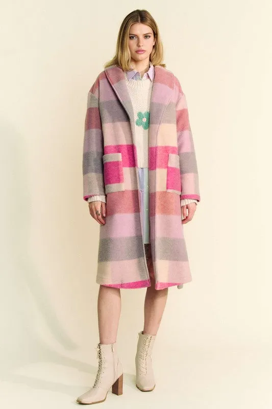Hot Pink Tied Color Block Collared Neck Coat
