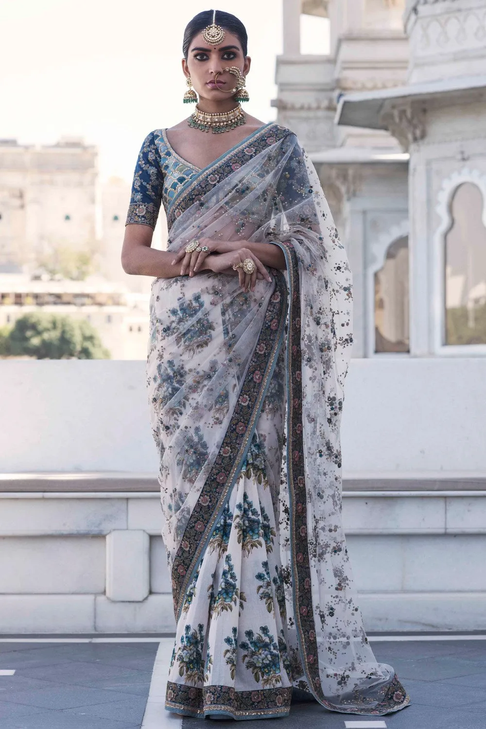 Ivory Printed and Embroidered Saree
