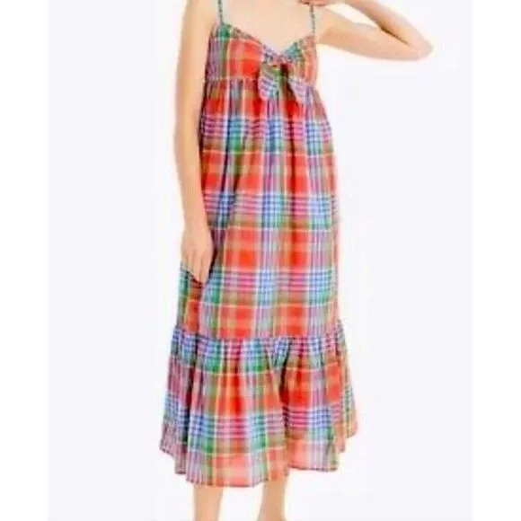 J.CREW Women's Cotton Voile Midi Dress Retro Plaid, Pink Green Size XS