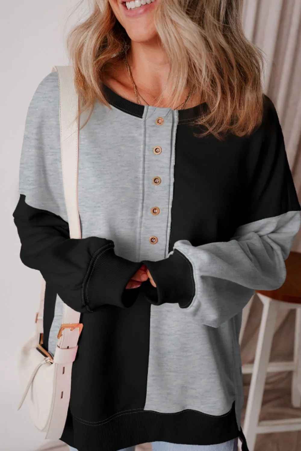 Jessica Color Block Half Button Long Sleeve Sweatshirt