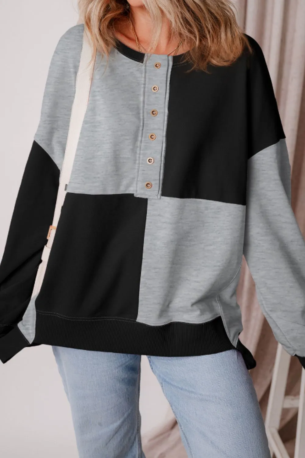 Jessica Color Block Half Button Long Sleeve Sweatshirt