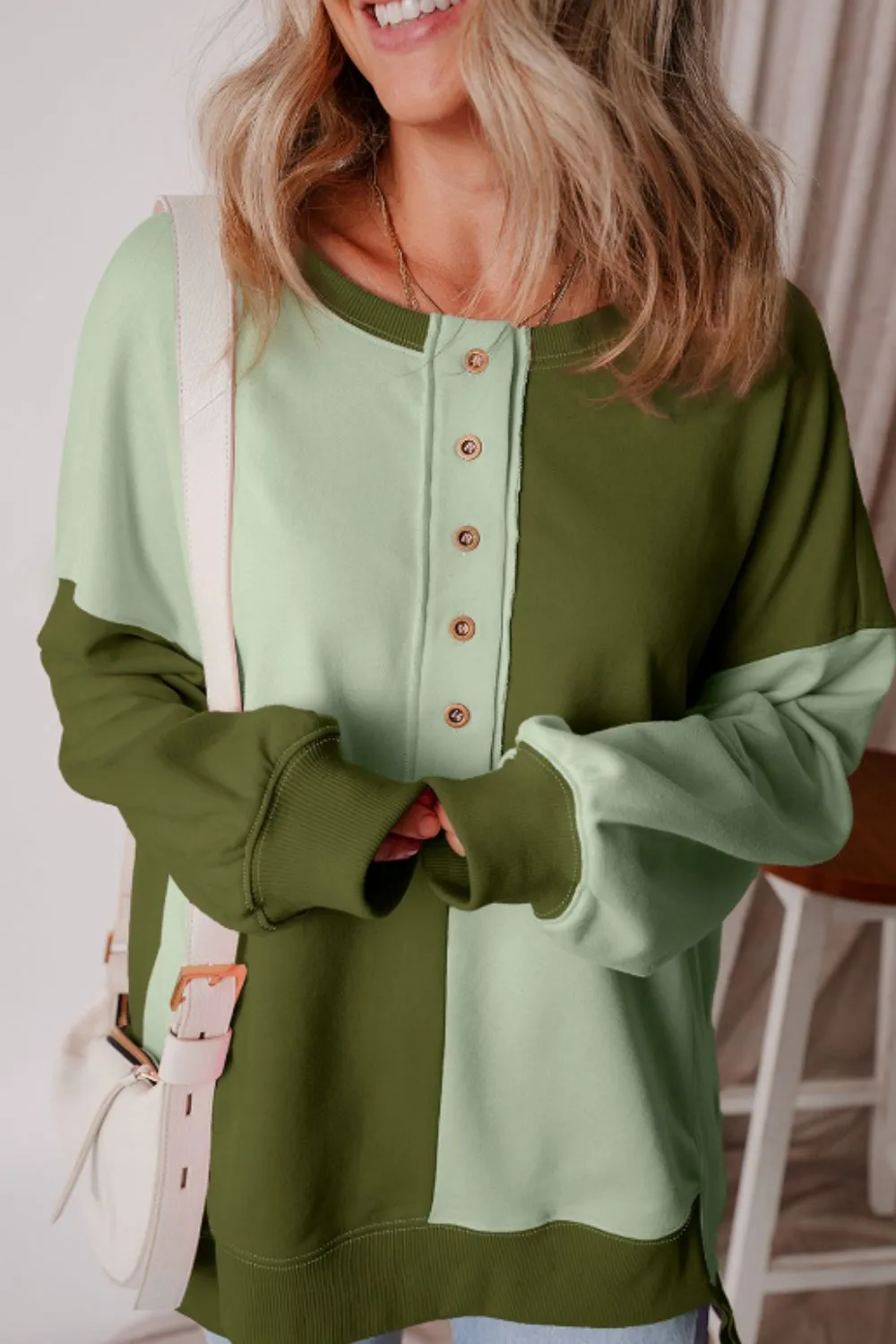Jessica Color Block Half Button Long Sleeve Sweatshirt