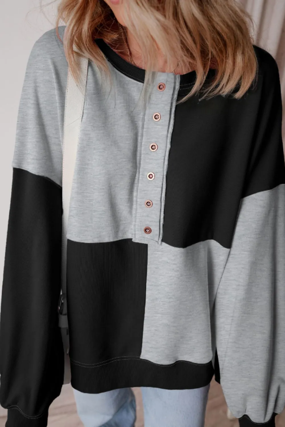 Jessica Color Block Half Button Long Sleeve Sweatshirt