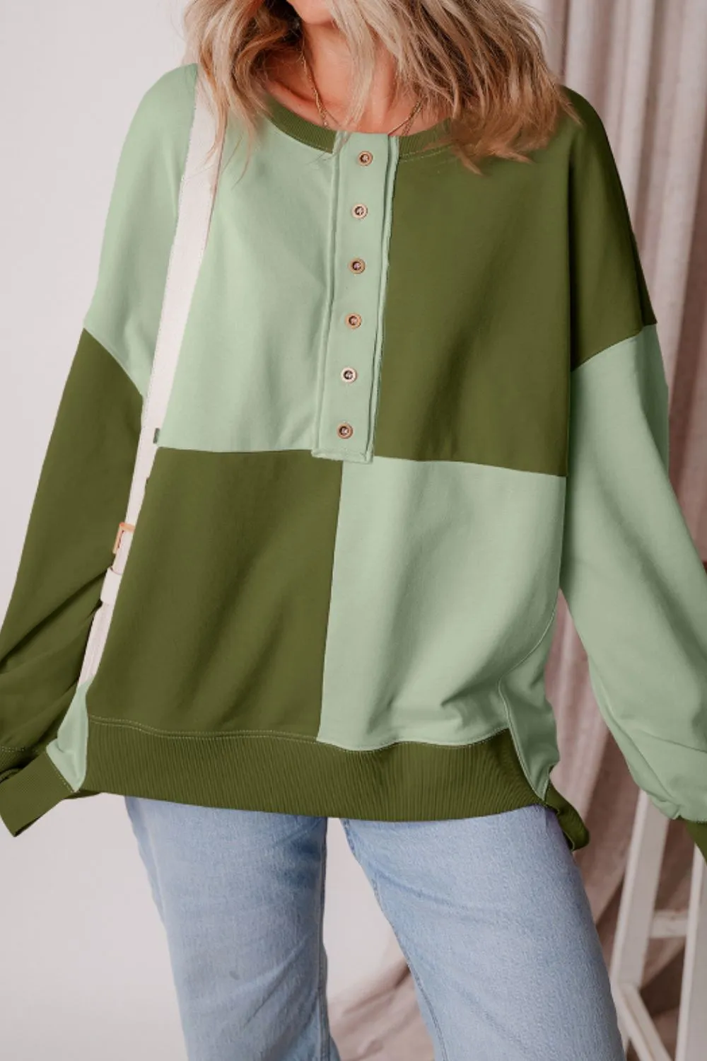 Jessica Color Block Half Button Long Sleeve Sweatshirt