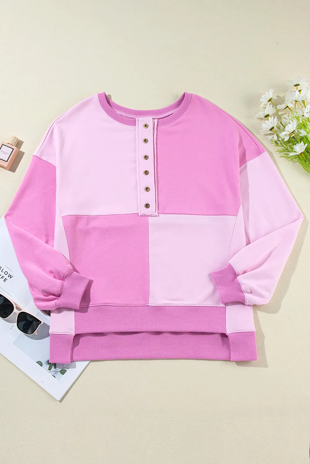 Jessica Color Block Half Button Long Sleeve Sweatshirt