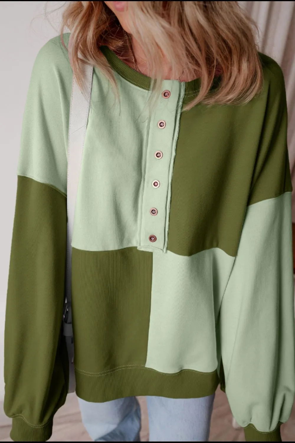 Jessica Color Block Half Button Long Sleeve Sweatshirt