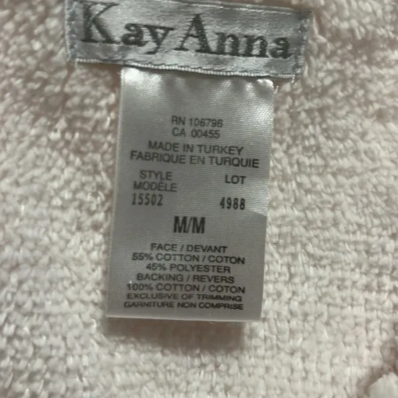 Kay Anna terry cotton, chenille robe. Size M. Full length. Long sleeves.