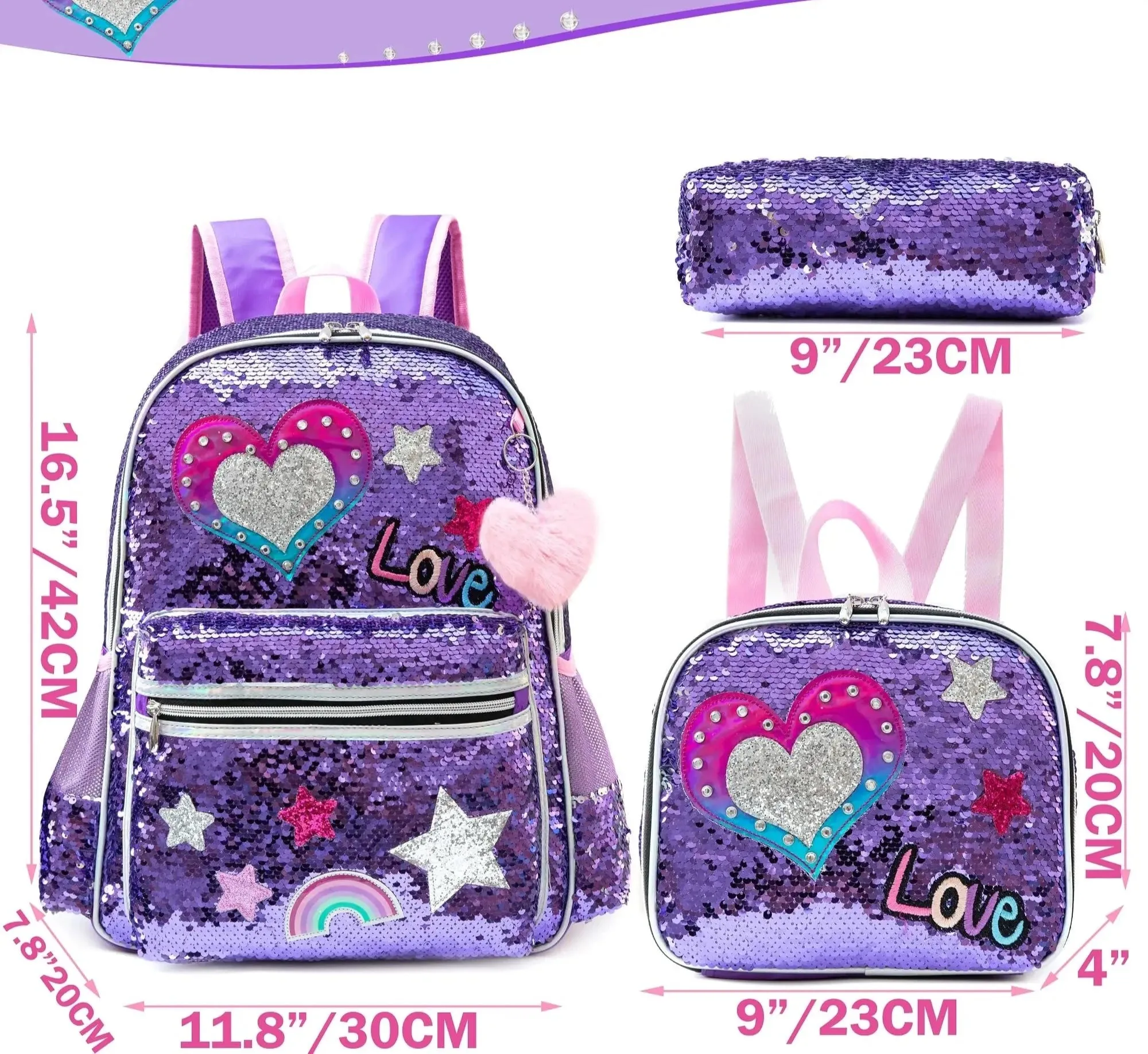 Kit Mochila Escolar Infantil Mochila Estojo e Lancheira Conjunto Completo Com Lantejoulas