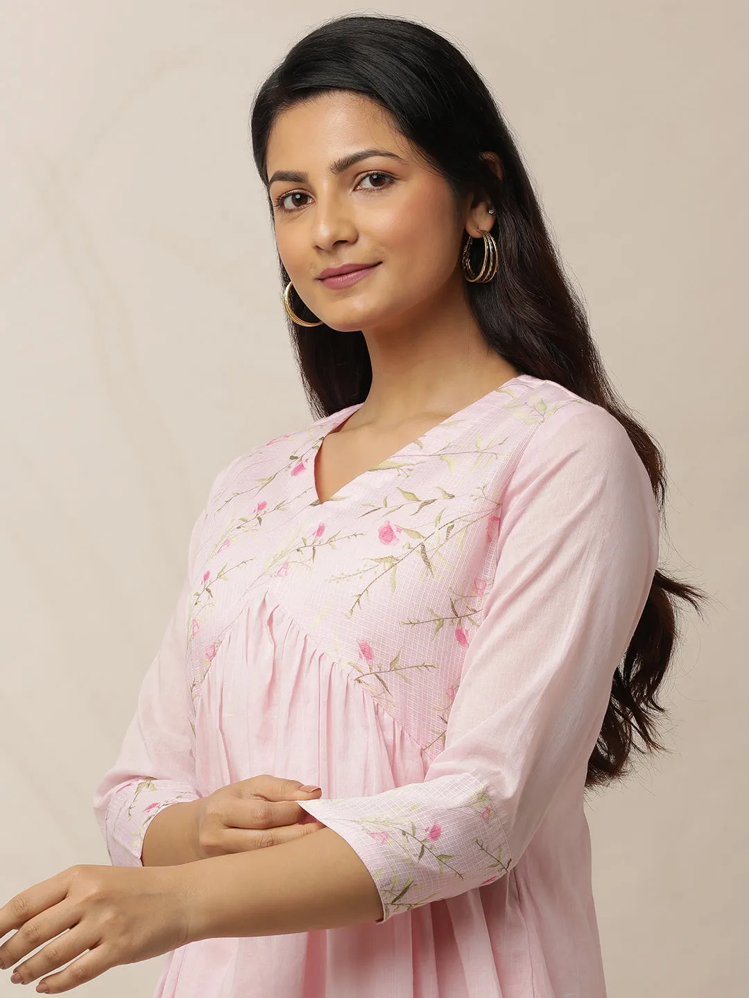 Light Pink Printed Yoke Cotton Suit