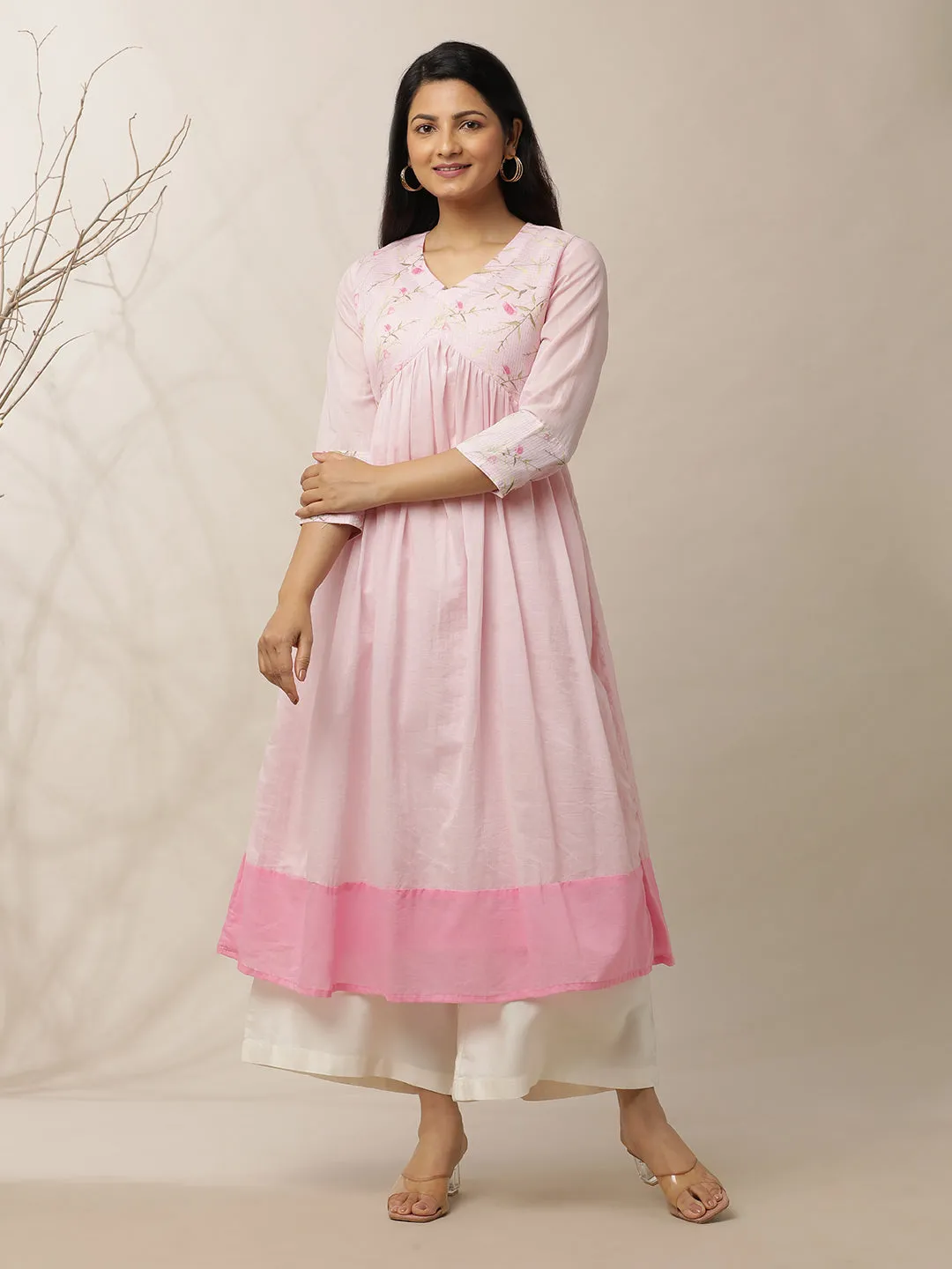 Light Pink Printed Yoke Cotton Suit