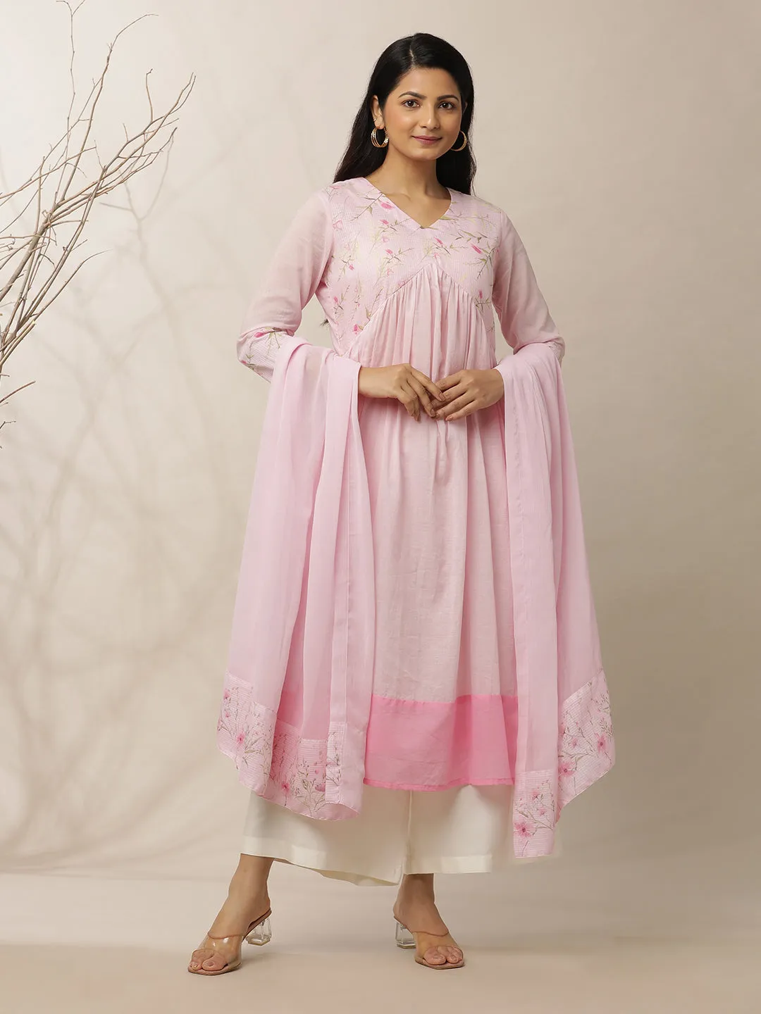 Light Pink Printed Yoke Cotton Suit