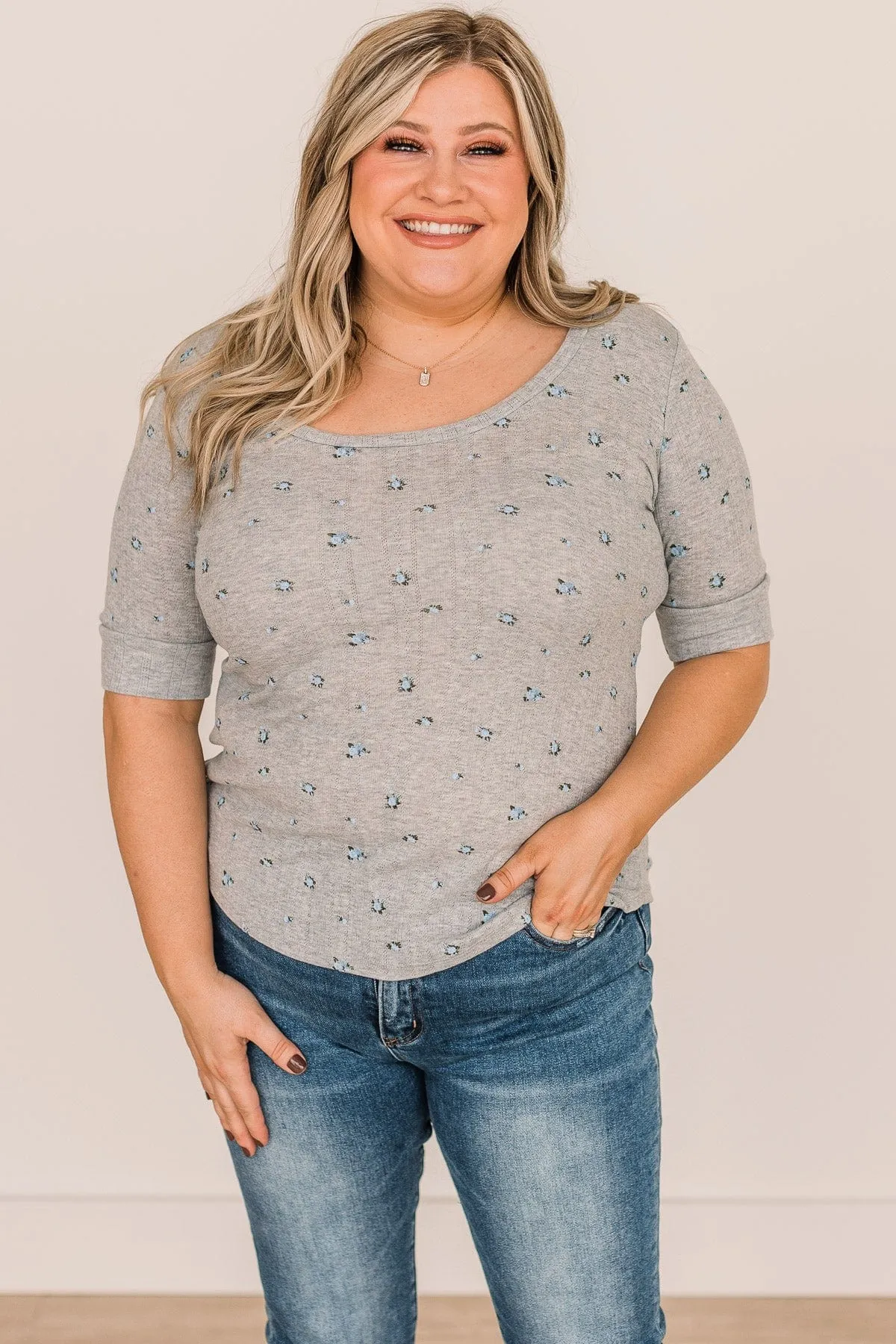 Looking To You Floral Knit Top- Heather Grey