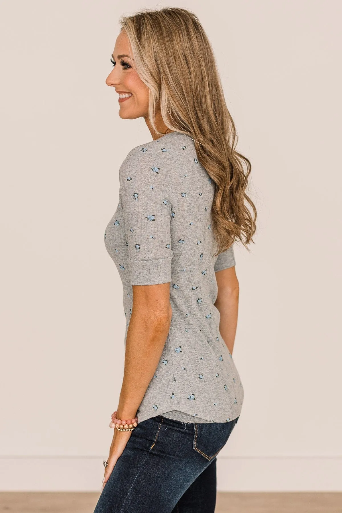 Looking To You Floral Knit Top- Heather Grey