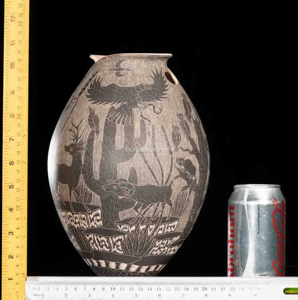 Mata Ortiz Pot With Etched Animals in Black Over Beige