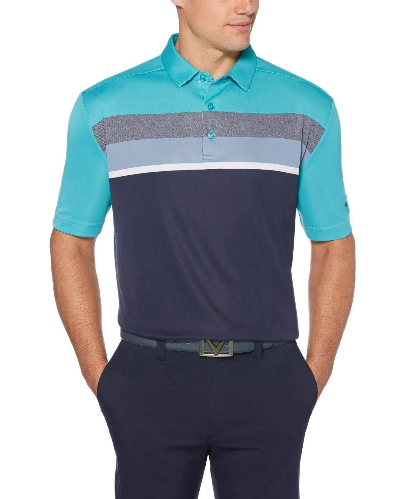 Mens Birdseye Color Block Chest Stripe Polo