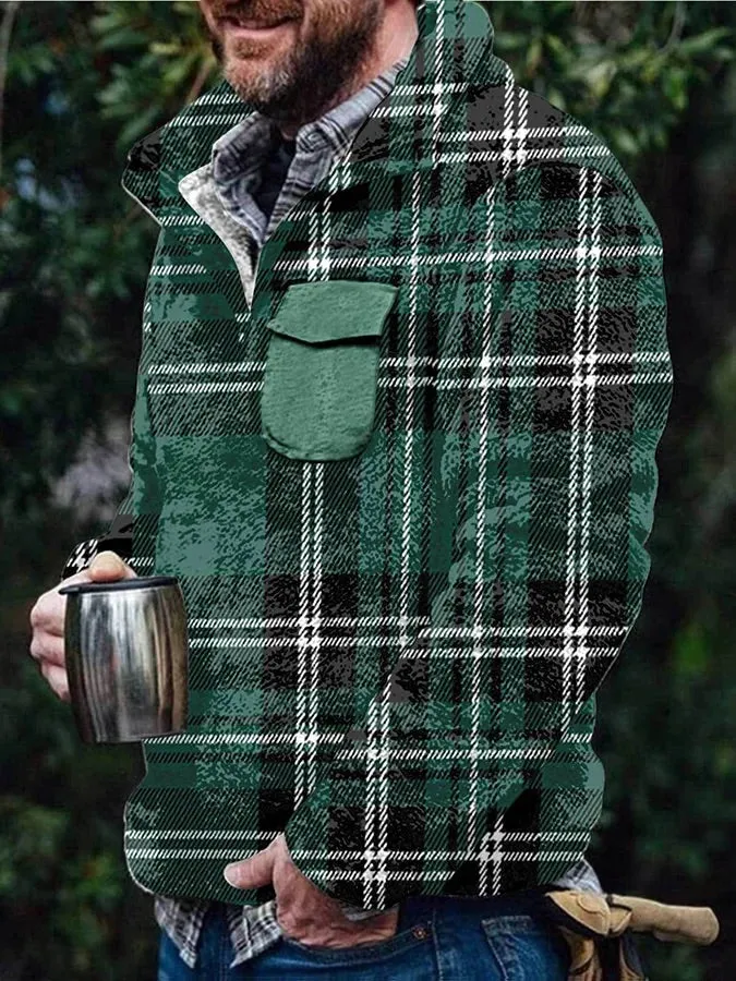 Men's Flannel Casual Retro Button Pullover Sweatshirt